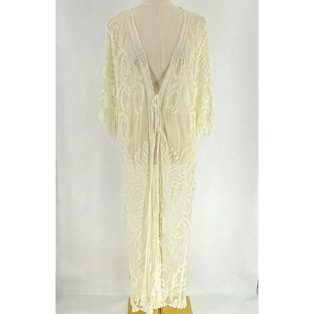 Ivory Sheer Lace Tie-Front Kimono 3/4 Sleeve One Size Indie Boho Fairy